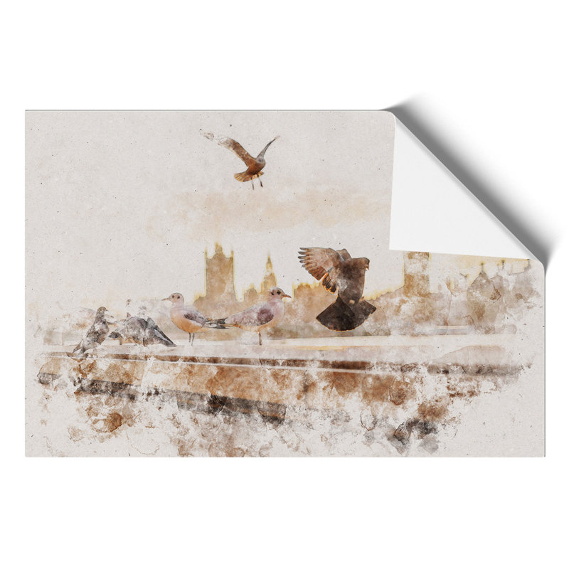 Pigeons by the Houses of Parliament Watercolour - Frameless Print, 59cm H x 84cm W x 0.1cm D