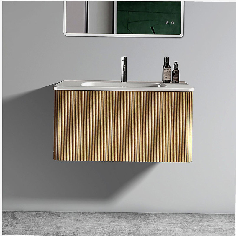 Commode de salle de bain rayée en bois de noyer, avec lavabo en céramique, commode flottante murale moderne pré-assemblée