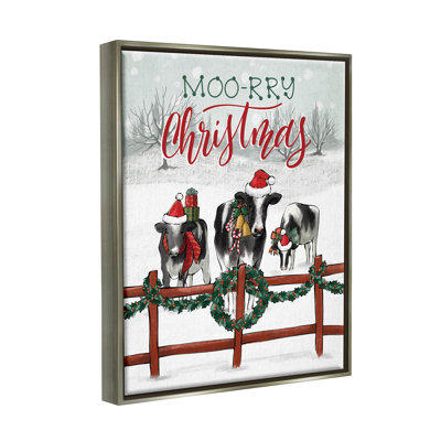 «Moo-Rry Christmas Holiday Snowy Cows», cadre flottant, impression sur toile
