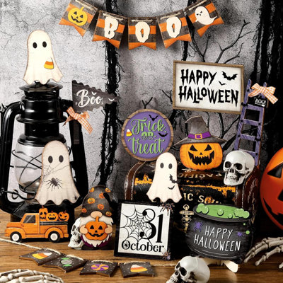 21 Pcs Halloween Tiered Tray Decor Set Happy Halloween Wooden Signs Rustic Table Centerpieces Signs Farmhouse Tiered Tray Decoration Items For Hallowe