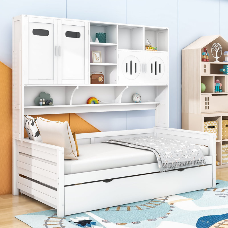 Wooden Daybed With Trundle, Cabinet and Shelf, Twin, White