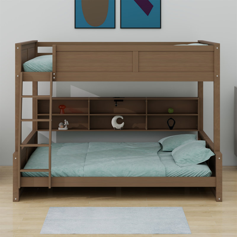 Bunk Bed With Storage Cabinets And USB Ports, Antique Wood, Full XL Over Queen