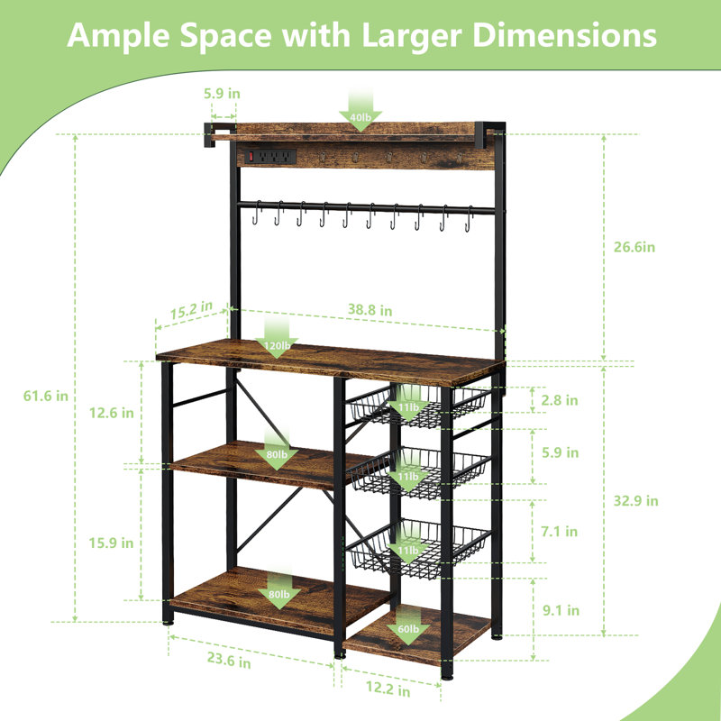  38.8'' Metal Standard Baker's Rack with Power Outlets, Microwave Stand, Coffee Bar, 3 Wire Baskets, 15 Hooks, Rustic Brown