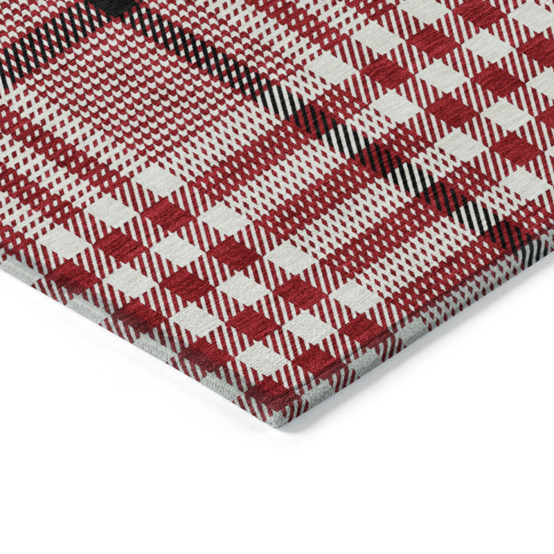 Red Plaid Synthetic Washable Indoor Outdoor Rug 3' x 5'
