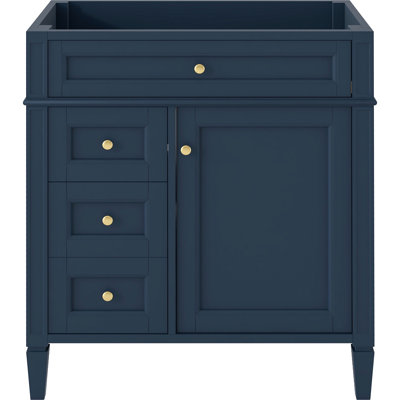 Meuble-lavabo moderne de 30 po sans lavabo, 2 tiroirs et tiroir basculant, organisateur de porte d'armoire, tablette réglable, glissières de tiroir en métal lisse, rangement divers, pieds exquis, poignée texturée, bleu