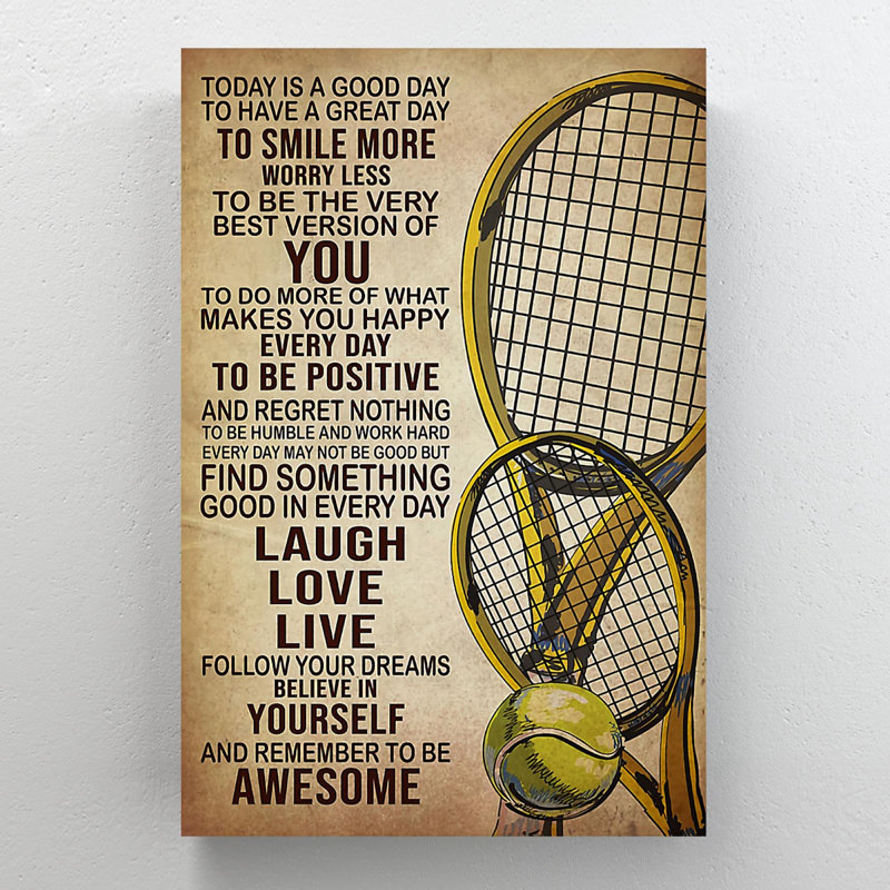 Outils de tennis sur fond brun - Today Is A Good Day - 1 pièce, impression d'art graphique rectangulaire sur toile tendue