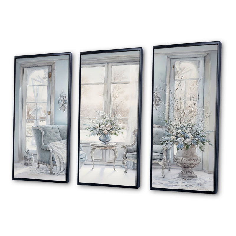 Ensemble de salon Windows Wall Scandinavian Winter Charm I - Scandinavian Wall Art, Cadre flottant noir