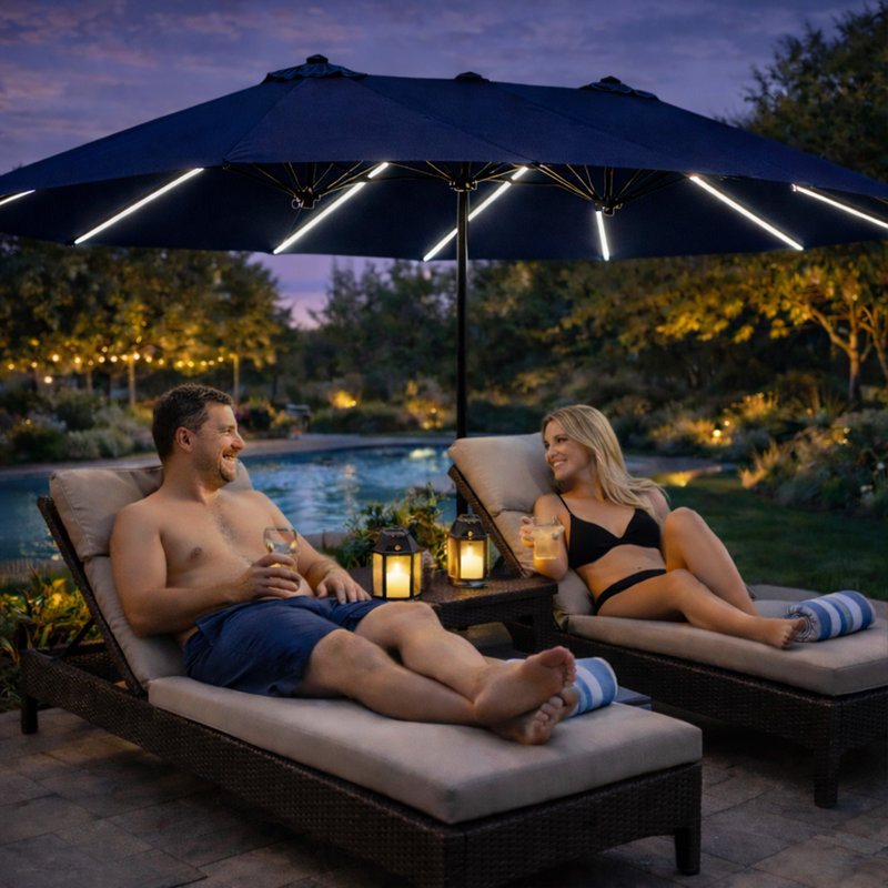 Parasol rectangulaire double face de 15 pi avec lumières solaires Kozyard, parasol de marché extérieur avec manivelle, base incluse, résistant aux rayons UV pour la piscine, la cour et le jardin Bleu marine