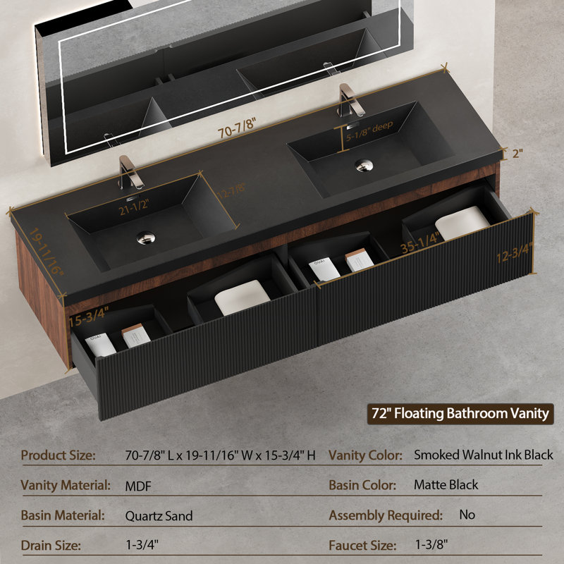 72'' Floating Modern Bathroom Vanity with Soft-Close Drawer & Double Quartz Sand Basins