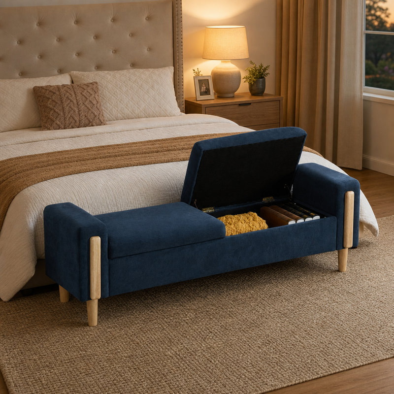 Lit de jour moderne avec rangement double rembourré, tissu en chenille et pieds en bois d'hévéa