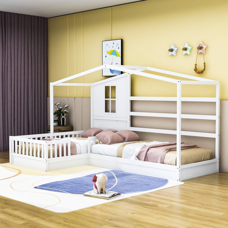  Twin Wood House Bed with Fence and Slatted Frame, White