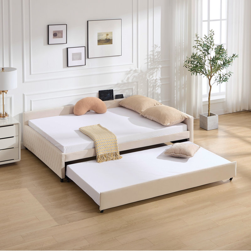 Lit de jour rembourré avec lit gigogne, structure de lit en bois robuste, conception de grille de diamant moderne, pour chambre à coucher, chambre d'amis (beige)