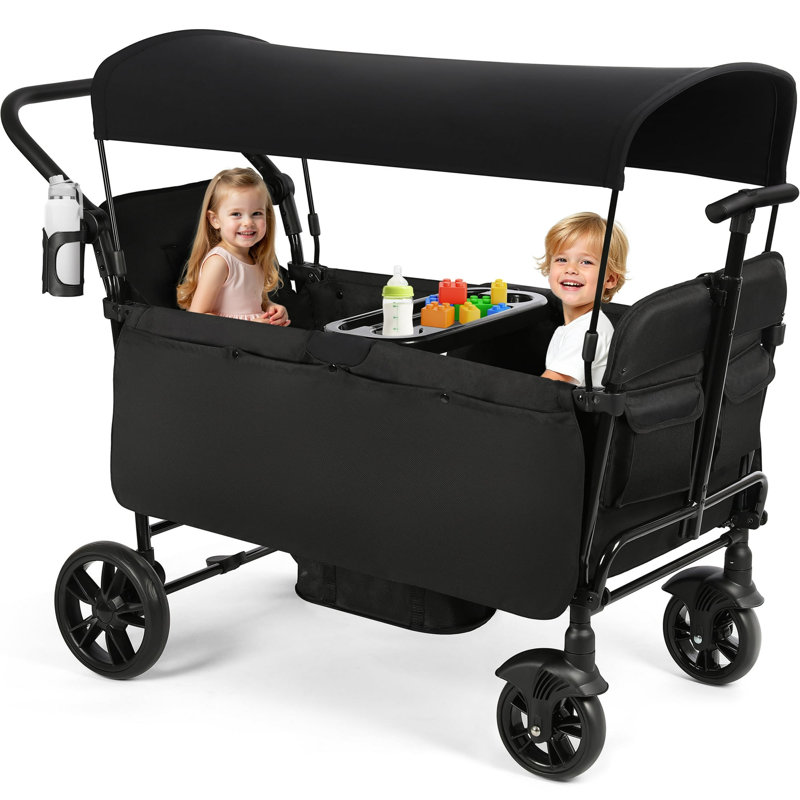 4-Seater Wagon Stroller with Push & Pull Handle, Adjustable Canopy, 5-Point Harness, Foldable, 40.9" H x 37.6" W x 20.9" D