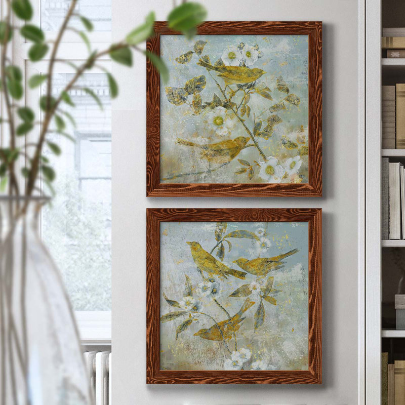 Aviaire jardin I - ensemble de 2 peintures sur toile encadrées, H 17 po x l 34 po x P 1,5 po, Cadre en érable