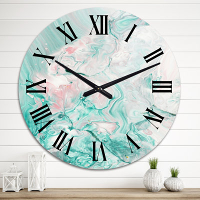 Vagues d'art vertes et roses - horloge murale moderne