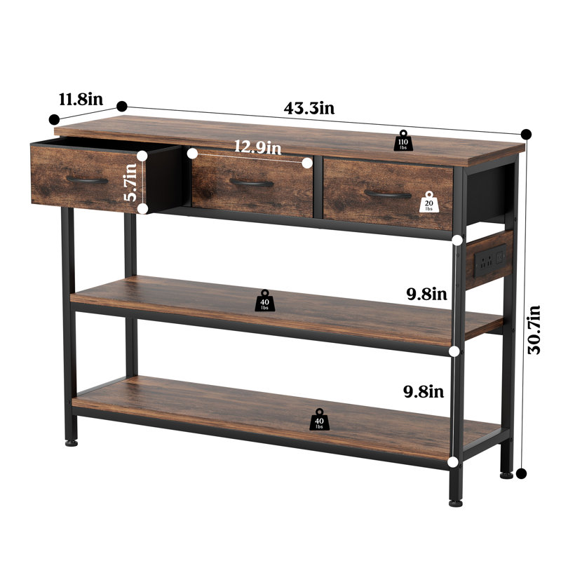 3-Tier Console Table With Charging Station & 3 Fabric Drawers,43.3'' Entryway Table With Storage Drawers And Open Shelves, Narrow Sofa Table With USB Ports And Outlets, Adjustable Feet, And Modern Design For Hallways, Living Rooms, And Small Spaces