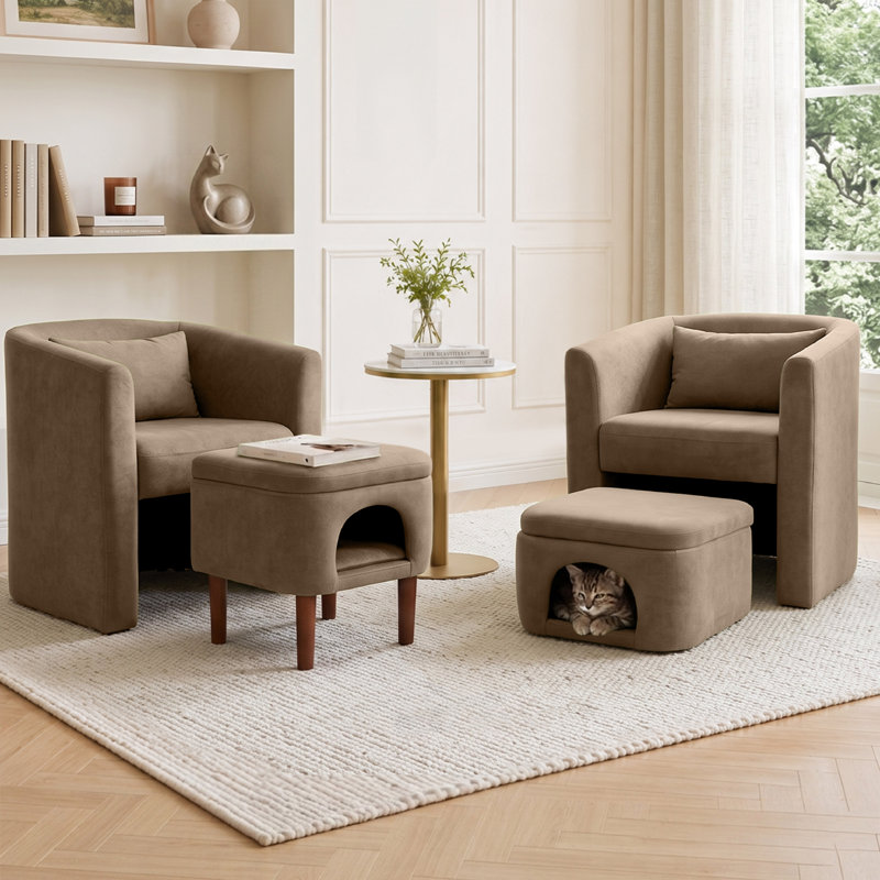 Ensemble de 2 fauteuils d'appoint en tonneau avec repose-pieds, Tan