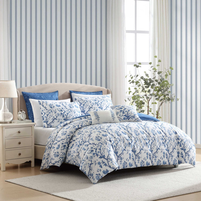 Laura Ashley Elise Navy Cotton Floral Comforter Bonus Set, King Comforter + 4 King Shams + 2 Throw Pillows