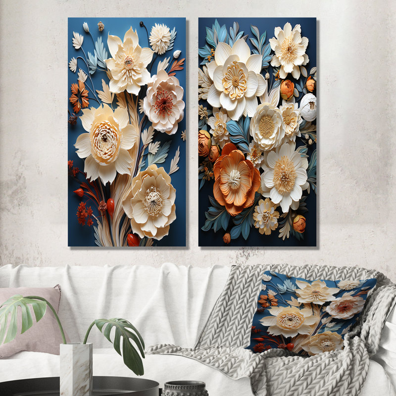 Jardin zen beige et bleu - Ensemble de 2 impressions sur toile de plantes, Toile tendue, H 28 po x l 25 po