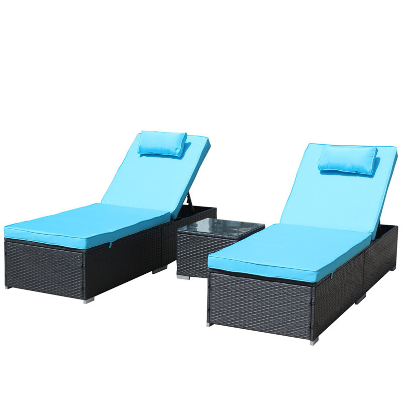 3-Piece Outdoor Patio Furniture Set Chaise Lounge, Patio Reclining Rattan Lounge Chair Chaise Couch Cushioned, Patio Seating Set