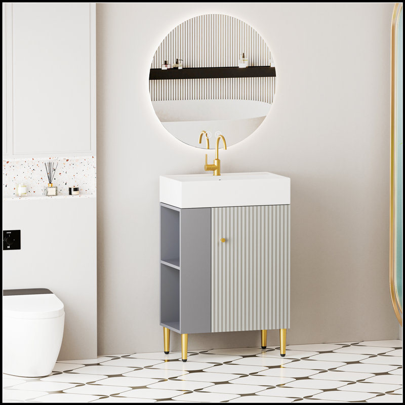Meuble-lavabo à tablettes ouvertes avec lavabo en céramique et porte à fermeture douce, armoire de rangement pour vestiaire, assemblage requis, idéal pour les salles de bain modernes