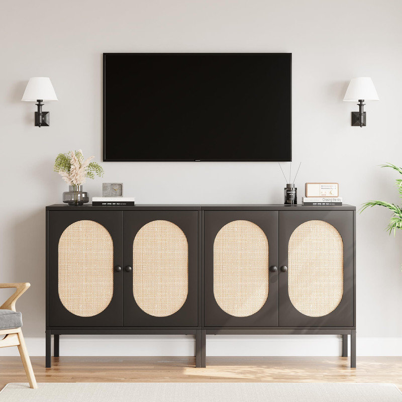 Rattan  Cabinet with Storage - Console Table for Dining Room. Living Room or Hallway, Black