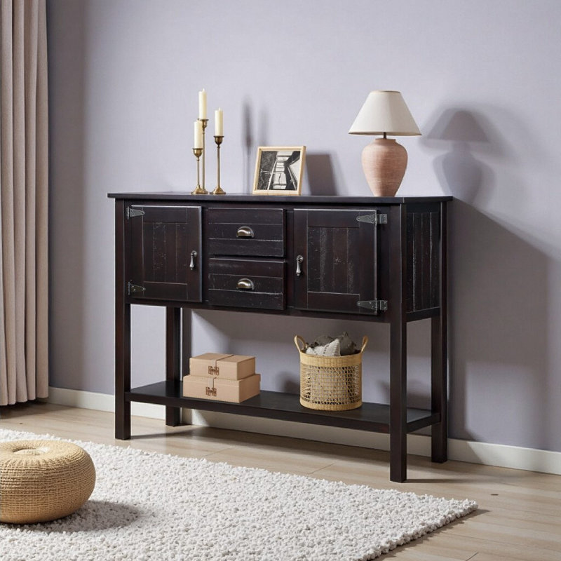 Console rétro 48 po en bois de pin massif avec rangement - 2 tiroirs, 2 armoires et tablette ouverte - Buffet d'entrée pour salle à manger, salon (espresso)