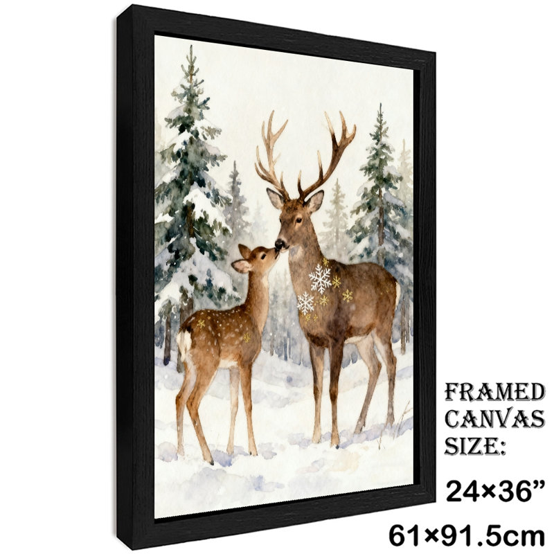 Aquarelle noire encadrée de cerf dans une forêt enneigée, impression sur toile de style rétro, H 37 po x l 25 po