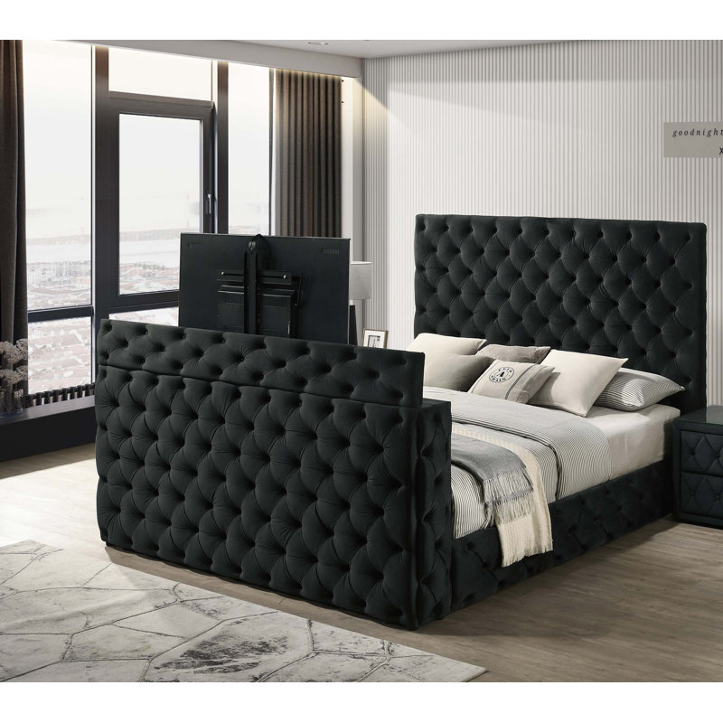 Grand lit tapissier avec tête de lit capitonnée, mécanisme de levage intégré pour télé, rangement caché