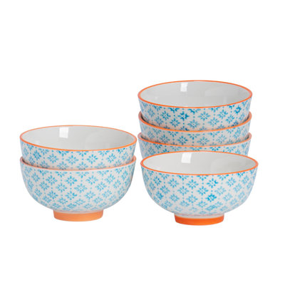 Nicola Spring - Hand-Printed Rice Bowls - Blue - Set of 6