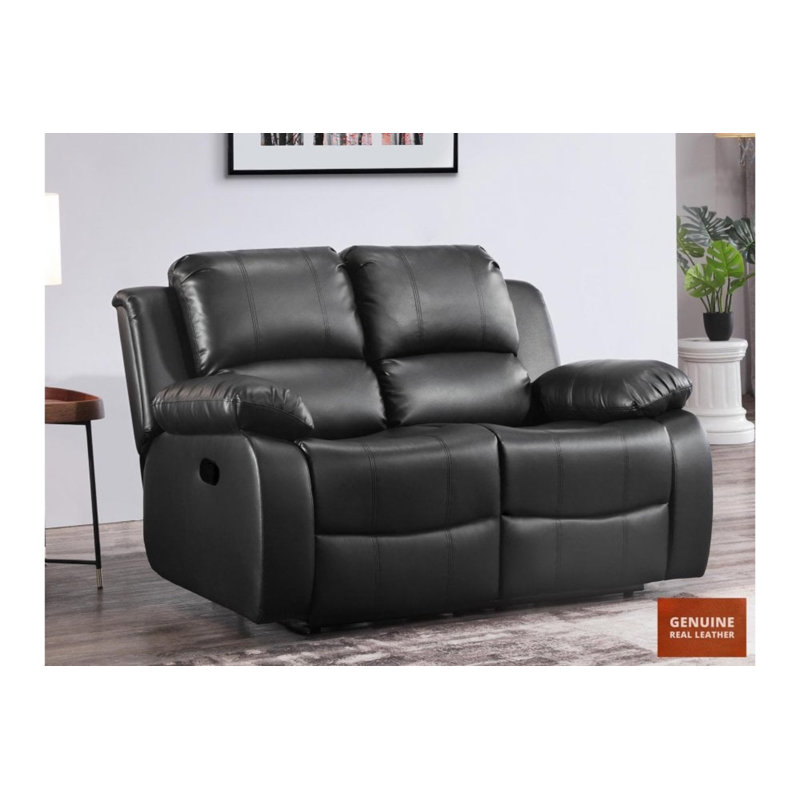 Arberie Top Grain Leather Reclining Sofa, Manual, Black, Leather Match