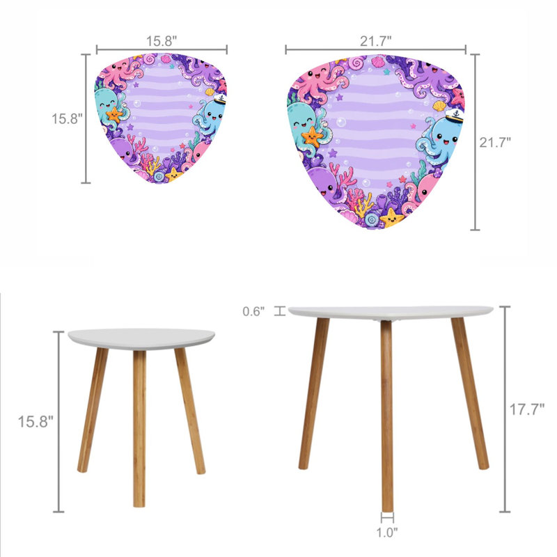 Ensemble de 2 tables basses gigognes triangulaires modernes, ornées de pieuvres mignonnes et de créatures marines coralliennes colorées. Style du milieu du siècle, petites tables d'appoint pour salon, chambre, appartement et décoration intérieure.