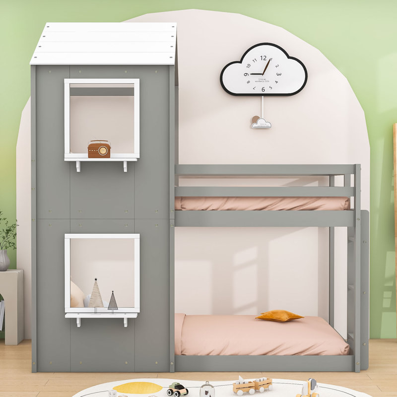 Lit superposé simple en bois en forme de maison avec toit incliné et fenêtre, Grey