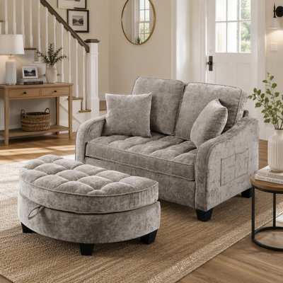 Two-Seater Sofa with Storage Footrest and Throw Pillows
