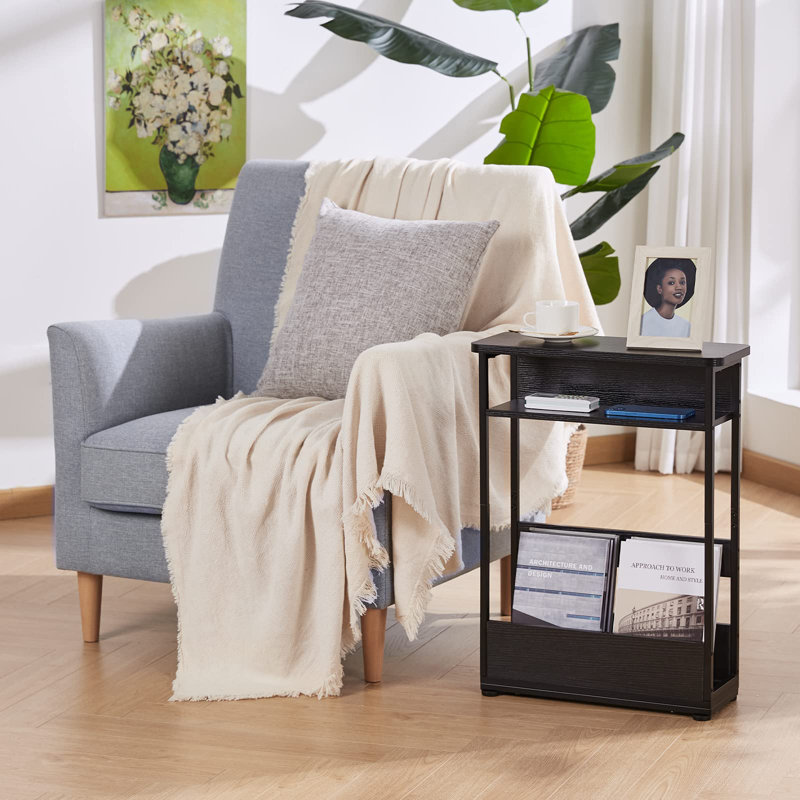 Industrial Rustic 3 Tier Side Table With Magazine Rack, Black