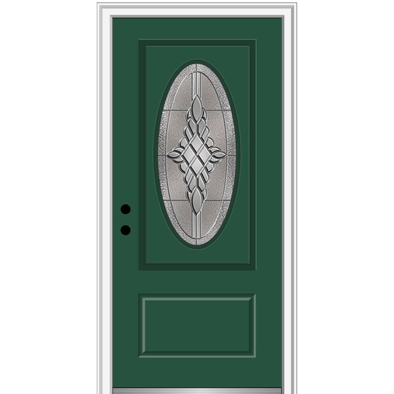 Petite porte d'entrée pré-suspendue ovale en fibre de verre 1 panneau Grace, Vert forêt, Ouverture à droite