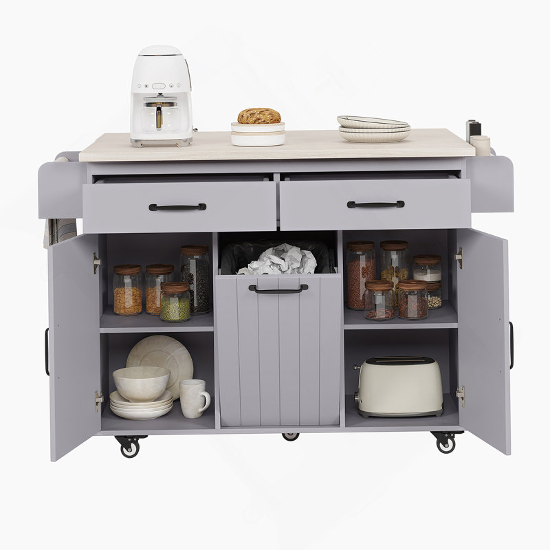 43"W Kitchen Island with Trash Can Compartment and Drop Leaf, Gray