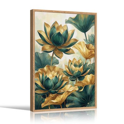 Art mural sur toile bleu sarcelle et fleurs de lotus et feuilles