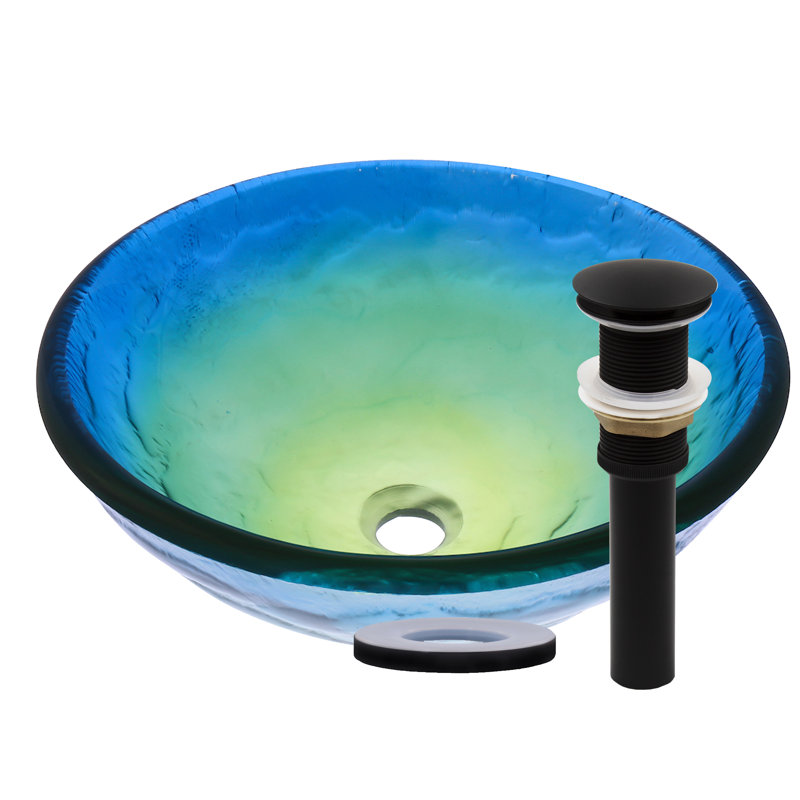 Novatto 16.5'' Blue/Green Glass Circular Bathroom Sink, Matte Black