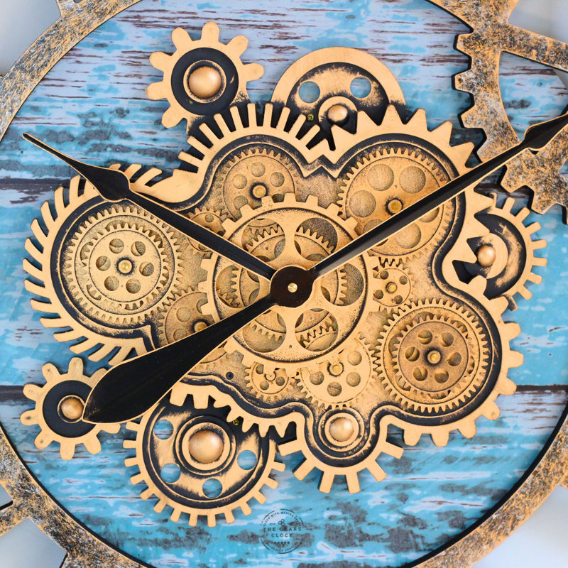 Wall Clock 36" Round Oversized for Living Room decor with Real Moving Gears America Collection, Aqua Green