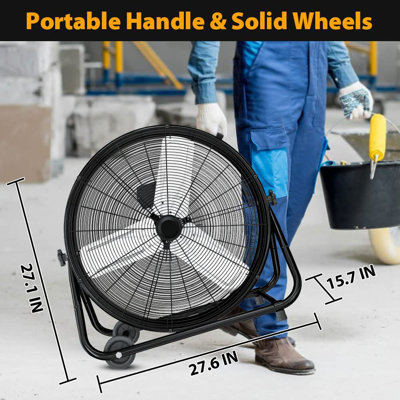 24” Industrial Drum Fan, 9260 CFM High Velocity Floor Fan with wheels, 3 Speed Air Circulator w/180°Tilt