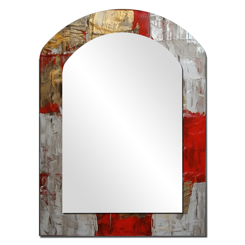 Cardinal Sin Retro Delight Abstract Red & Gold I - Abstract Painting Asymmetrical Unique Mirror, Gold Arch Large Wall Mirror, Printed Metal Art