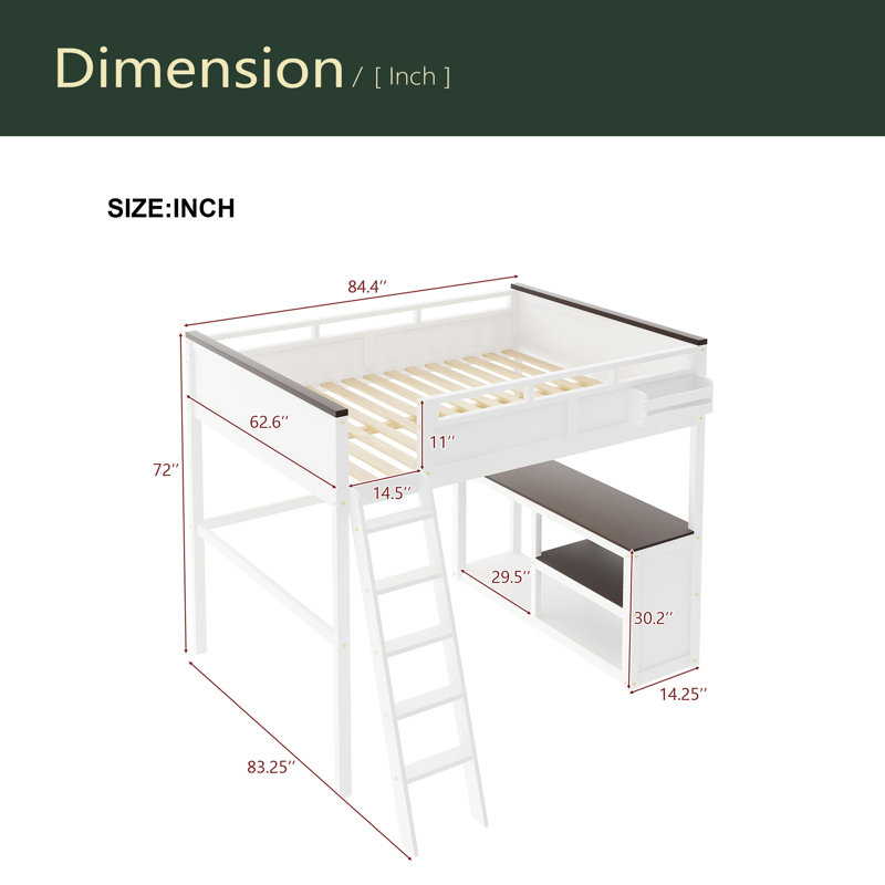 Queen Size Loft Bed With Desk,Open Shelf And A Storage Box,USB Charging Station