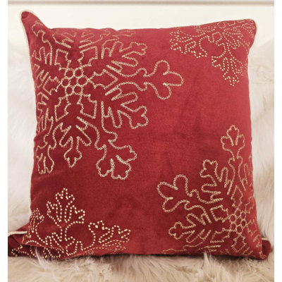 Red Velvet Holiday Throw Pillow 20x20 with Gold Snowflake Embroidery and Insert