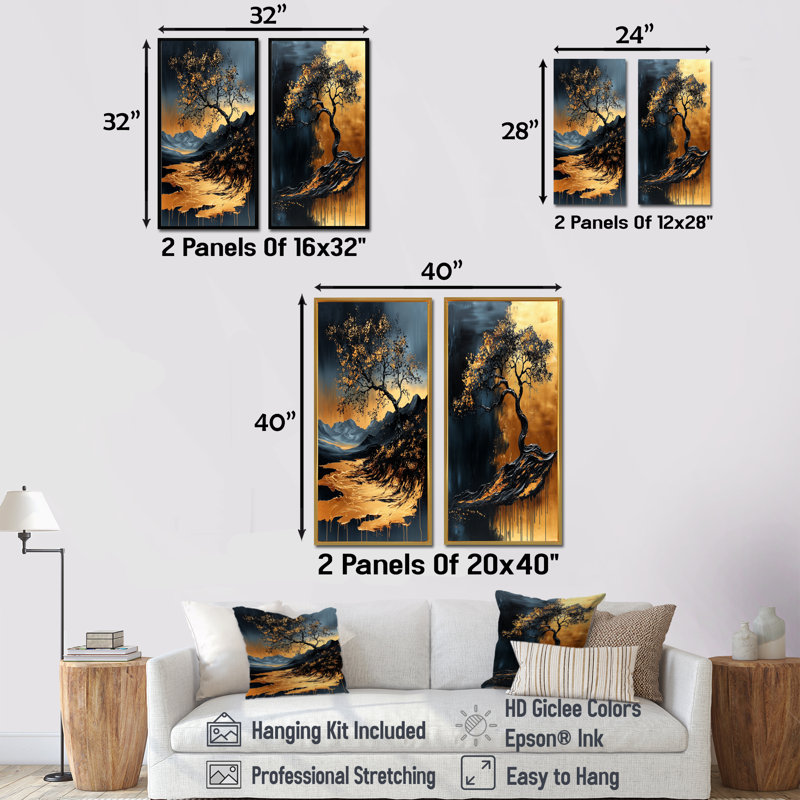 Or doré dans un arbre africain noir - ensemble d'art mural africain 2 pièces, H 40 po x l 40 po, Toile tendue