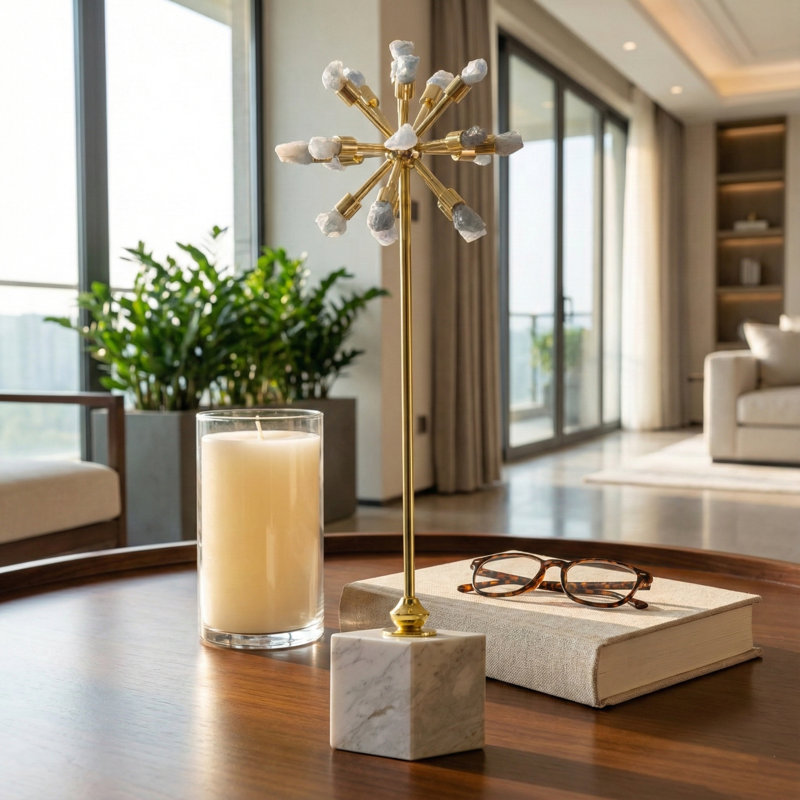 Statue décorative Starburst avec base en marbre pour bureau - Décoration moderne pour le salon ou la maison - Bleu et blanc