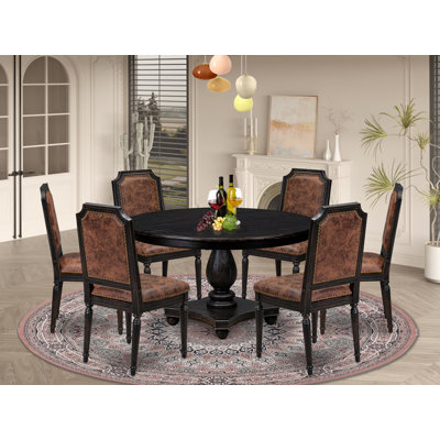 B9F9DE359C1A438A8E8D28C52823D326 - Pc Kitchen Round Table and 6 Polyester Chairs with High Back, Sand Blasting Black