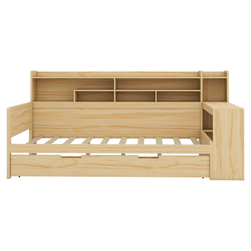 Lit de jour en bois avec tablettes de rangement, lit gigogne et bureau d'étude, Naturel