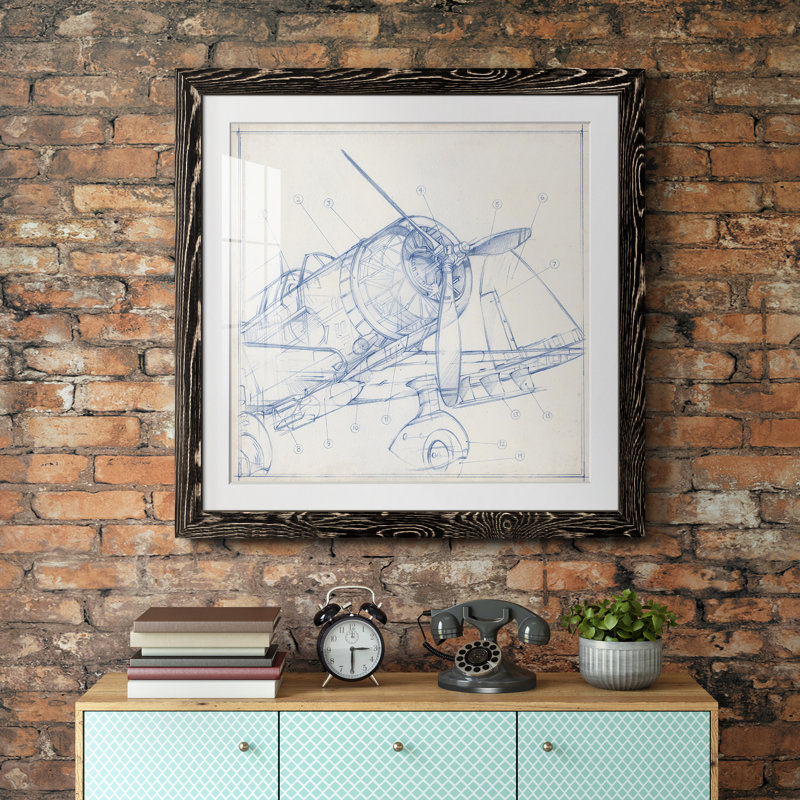 Croquis mécanique d'avion I-Premium, reproduction encadrée - prêt à être accroché, H 22,5 po x l 22,5 po x P 1,5 po, Blanc