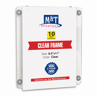 M&T Displays 8.5x11 Premium Acrylic Window Sign Holder | Double Sided Clear Portrait Display Frame with 4 Suction Cups | Anti-Glare for Storefronts, Doors, Glass - Easy Poster & Menu Change - 10 Pack
